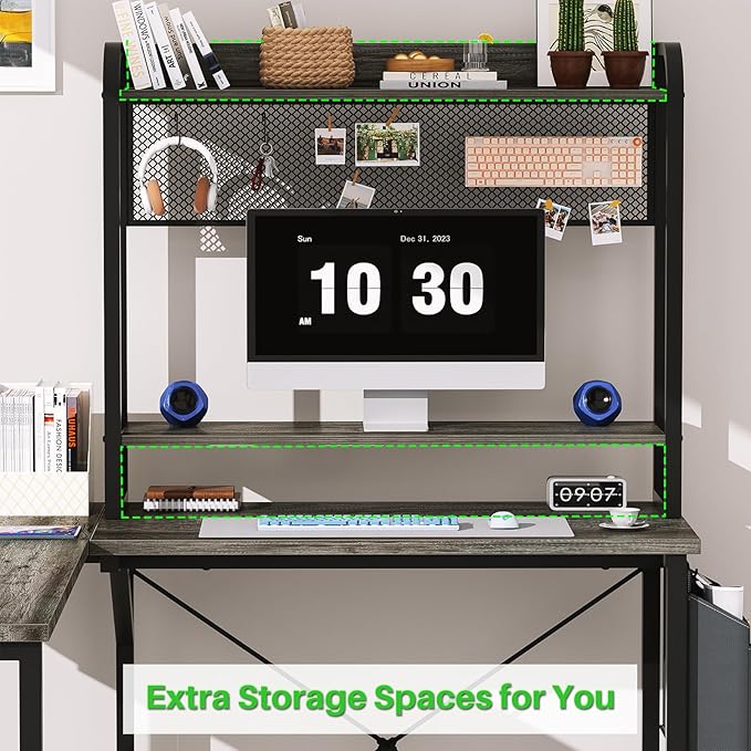 Small L Shaped Gaming Desk with Power Outlets, Corner Gaming Desk with LED Light, Reversible L-Shaped Desk with Monitor Stand & Hutch, L Shaped Desk Home Office Desk with Storage Bag, Grey - LeafyLoom