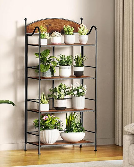 Folding Bookshelf No Assembly, 4 Shelf Black Folding Bookcase with Sturdy Metal Frame, Vintage Open Standing Collapsible Shelves for Bedroom, Living Room, Home Office Organization - LeafyLoom