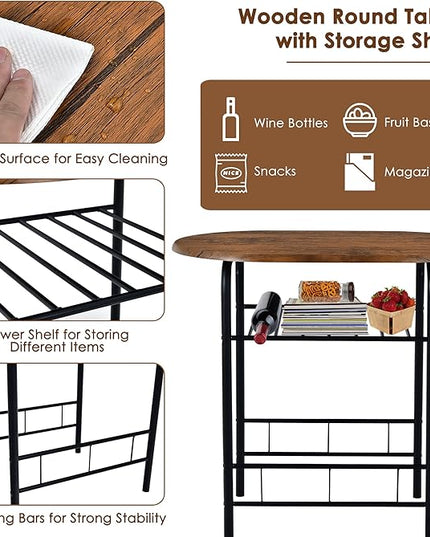 DORTALA 3PCS Dining Table Set, 1 table & 2 chairs set, 3 Piece Compact Dining Set, Oval Table & Mid-back Chairs w/Built-in Wine Rack, Suitable for Small Space, Black & Brown - LeafyLoom