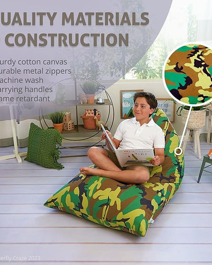 Butterfly Craze Bean Bag Chair Cover, Functional Toddler Toy Organizer, Fill with Stuffed Animals to Create a Jumbo, Comfy Floor Lounger for Boys or Girls, Stuffing Not Included, Camo - LeafyLoom