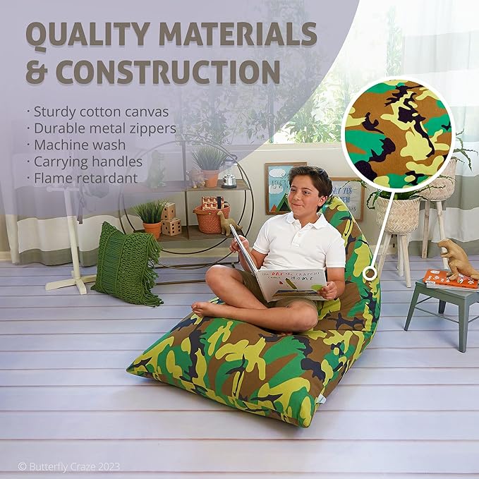 Butterfly Craze Bean Bag Chair Cover, Functional Toddler Toy Organizer, Fill with Stuffed Animals to Create a Jumbo, Comfy Floor Lounger for Boys or Girls, Stuffing Not Included, Camo - LeafyLoom