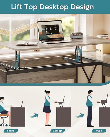 Bestier Lift Top L Shaped Desk with File Drawer, 55'' x 55'' Office Desk with Reversible Storage Drawers, L Shaped Standing Desk with Computer Monitor Stand (Grey Wash, 55'' x 55'') - LeafyLoom