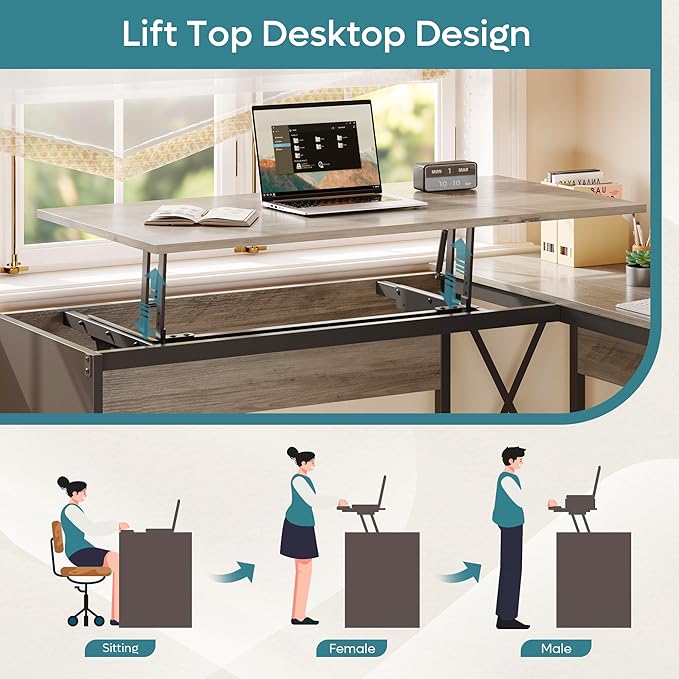 Bestier Lift Top L Shaped Desk with File Drawer, 55'' x 55'' Office Desk with Reversible Storage Drawers, L Shaped Standing Desk with Computer Monitor Stand (Grey Wash, 55'' x 55'') - LeafyLoom
