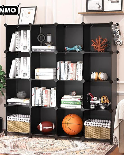 16 Cubes Storage Organizer, Bookcase, Display Shelf with Wooden Mallet, Cabinet Storage for Kids, Adult, Office, Bedroom, Bathroom, Black - LeafyLoom