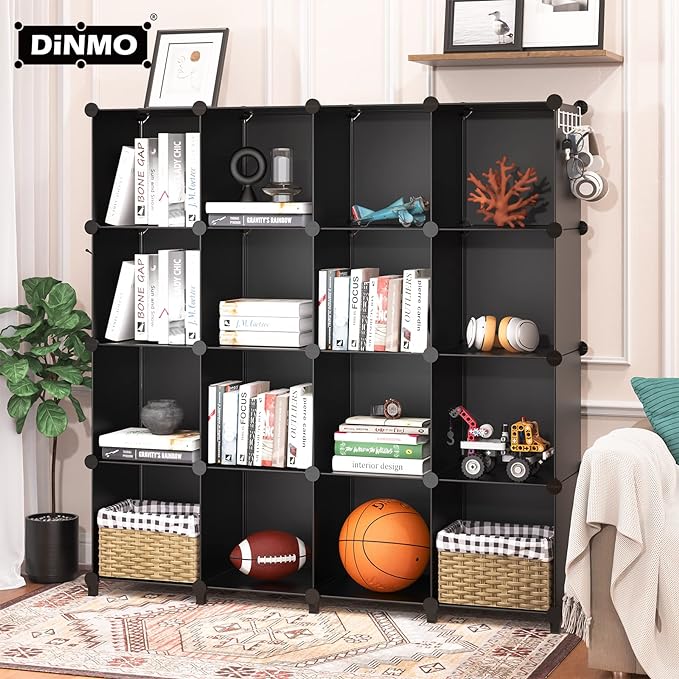 16 Cubes Storage Organizer, Bookcase, Display Shelf with Wooden Mallet, Cabinet Storage for Kids, Adult, Office, Bedroom, Bathroom, Black - LeafyLoom