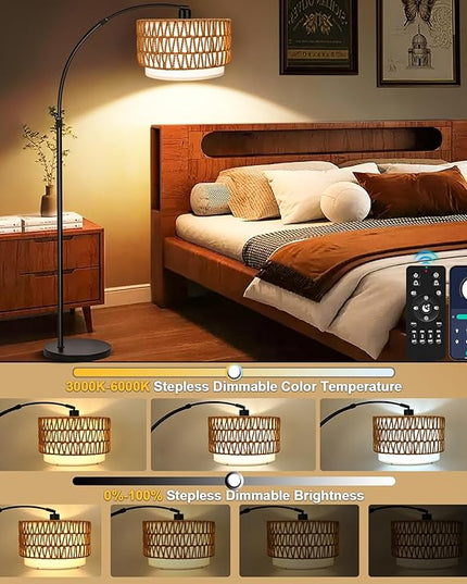 Arc Floor Lamp for Living Room with 3 Color Temperatures, Farmhouse Standing Lamps with Remote & Dimmable Bulb, Rattan Boho Floor Lamp with Fabric Shades, Adjustable Tall Lamp for Bedroom Office - LeafyLoom