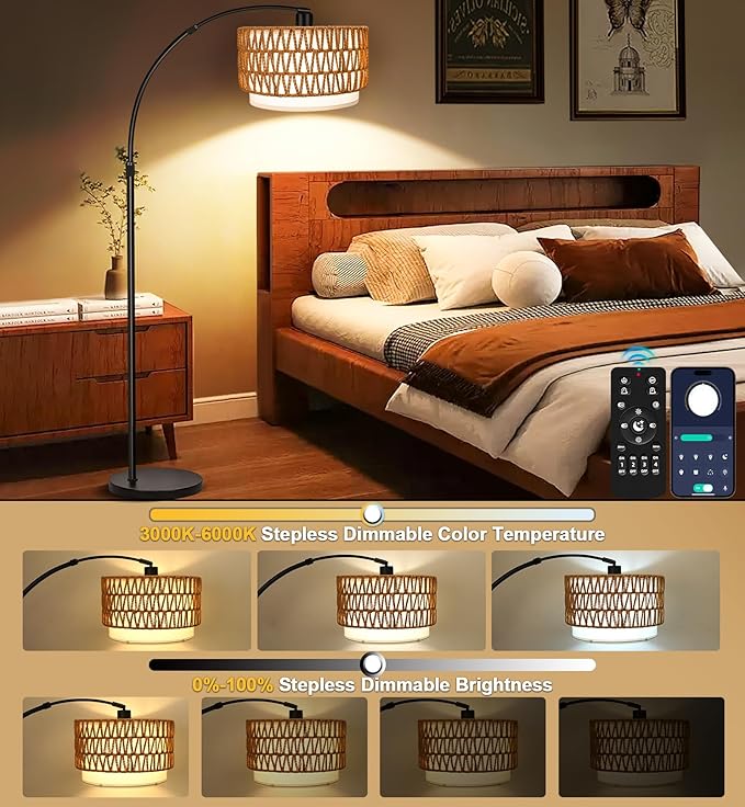Arc Floor Lamp for Living Room with 3 Color Temperatures, Farmhouse Standing Lamps with Remote & Dimmable Bulb, Rattan Boho Floor Lamp with Fabric Shades, Adjustable Tall Lamp for Bedroom Office - LeafyLoom