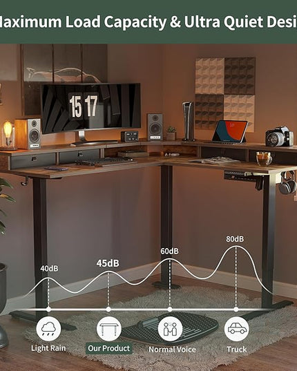FEZIBO 63" L Shaped Standing Desk with 4 Drawers, Electric Standing Gaming Desk Adjustable Height, Corner Stand up Desk with Splice Board, Black Frame/Rustic Brown Top - LeafyLoom