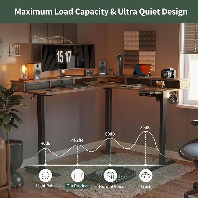 FEZIBO 63" L Shaped Standing Desk with 4 Drawers, Electric Standing Gaming Desk Adjustable Height, Corner Stand up Desk with Splice Board, Black Frame/Rustic Brown Top - LeafyLoom