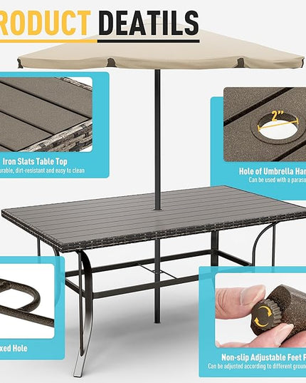 Pamapic 7 Piece Patio Dining Set for 6,Wicker Outdoor Furniture Set for Backyard Garden Deck Poolside with Iron Slats Table Top,4 Dining Chairs and 2 Swivel Rockers,Removable Cushions(Green) - LeafyLoom