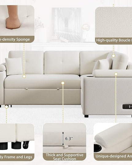 87.4" L-Shape Sectional Sleeper Sofa with Chaise &Pull-out bed, Boucle Upholstered Couch w/USB Ports, Power Sockets and Built-in Cup Holder, for Living Room, Apartment, 87.4 Inch, Beige - LeafyLoom