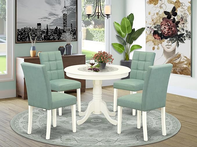 East West Furniture ANAS5-LWH-43 Antique 5 Piece Dinner Set Contain A Wooden Table and 4 Willow Green Linen White Kitchen Chairs with Stylish Back, Finish, 36x36 Inch - LeafyLoom