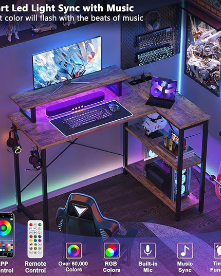 Homieasy Small Gaming Desk with Power Outlet & LED Light, 39 Inch L Shaped Computer Desk with Storage Shelves, Reversible Corner Desk with Monitor Stand Headset Hooks for Home Office, Rustic Brown - LeafyLoom