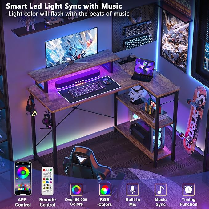 Homieasy Small Gaming Desk with Power Outlet & LED Light, 39 Inch L Shaped Computer Desk with Storage Shelves, Reversible Corner Desk with Monitor Stand Headset Hooks for Home Office, Rustic Brown - LeafyLoom