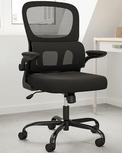 Soohow Ergonomic Home Office Chair, Mesh Desk Chair with Lumbar Support, Comfy Computer Desk Chair with Flip Armrest Rolling Wheels, Black. - LeafyLoom