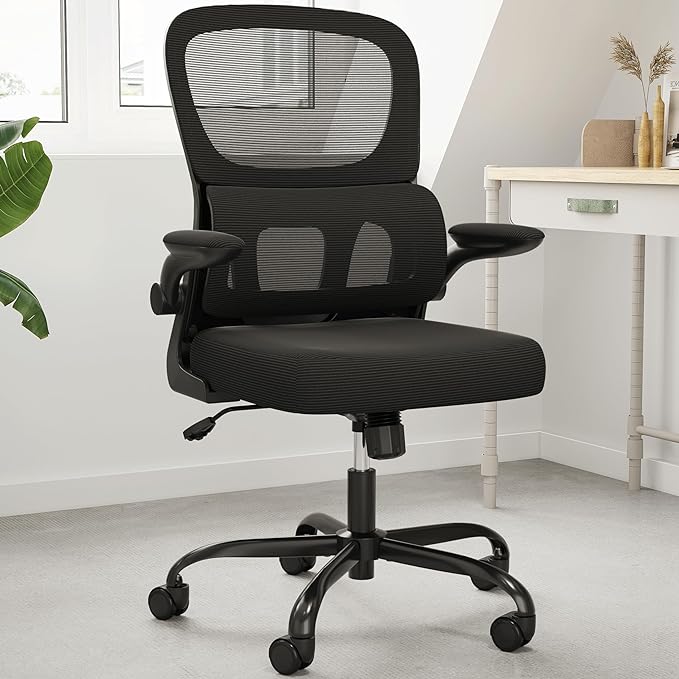 Soohow Ergonomic Home Office Chair, Mesh Desk Chair with Lumbar Support, Comfy Computer Desk Chair with Flip Armrest Rolling Wheels, Black. - LeafyLoom