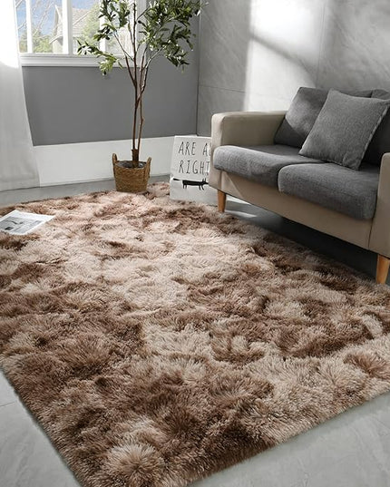 4x6 Large Area Rugs for Living Room, Super Soft Fluffy Modern Bedroom Rug, Tie-Dyed Brown Indoor Shag Fuzzy Carpets for Girls Kids Nursery Room Home Decor - LeafyLoom