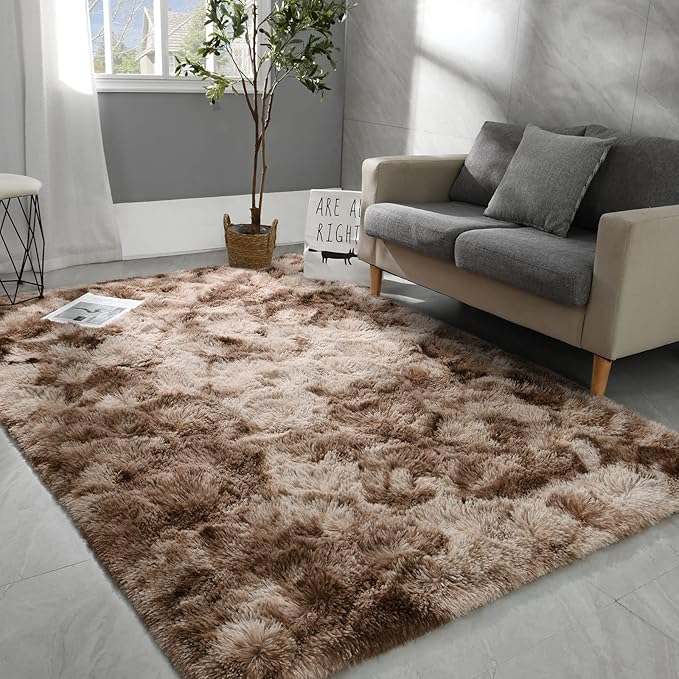 4x6 Large Area Rugs for Living Room, Super Soft Fluffy Modern Bedroom Rug, Tie-Dyed Brown Indoor Shag Fuzzy Carpets for Girls Kids Nursery Room Home Decor - LeafyLoom