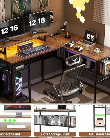 Unikito L Shaped Desk with USB Charging Port and Power Outlet, Reversible L-Shaped Corner Computer Desk with Storage Shelves, Industrial 2 Person Gaming Table Modern Home Office Desk, Rustic Brown - LeafyLoom