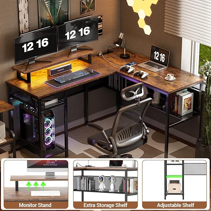 Unikito L Shaped Desk with USB Charging Port and Power Outlet, Reversible L-Shaped Corner Computer Desk with Storage Shelves, Industrial 2 Person Gaming Table Modern Home Office Desk, Rustic Brown - LeafyLoom