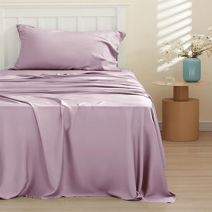 Bedsure Twin XL Sheet Set Dorm Bedding, Cooling Sheets Twin Extra Long Sheets, Rayon Derived from Bamboo, Deep Pocket Up to 16", Hotel Luxury Silky Bedding Sheets & Pillowcases, Lavender - LeafyLoom