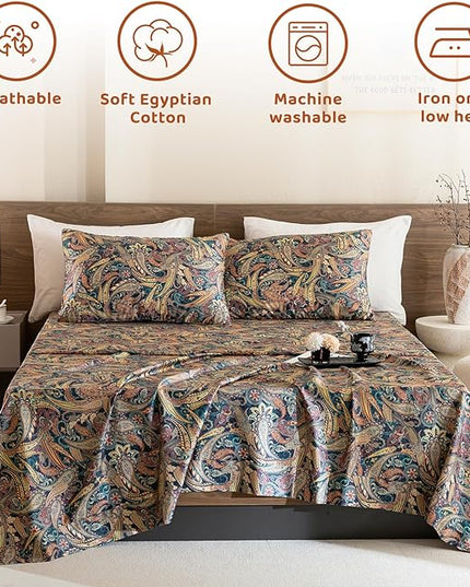 QSH Boho Bed Sheets Queen Size - 100% Egyptian Cotton Sheets Elegant Paisley Flower Pattern Printed Bedding Sheets Queen Size Bohemian Bedding 4pcs Deep Pockets Bed Sheets - LeafyLoom