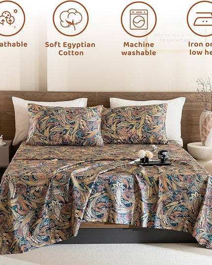 QSH Boho Sheets King Size - Bohemian Bedding Paisley Pattern Printed Bedsheets Sets King Size Bed Sheets 100% Egyptian Cotton 17.5" Extra Deep Pocket 4pcs - LeafyLoom