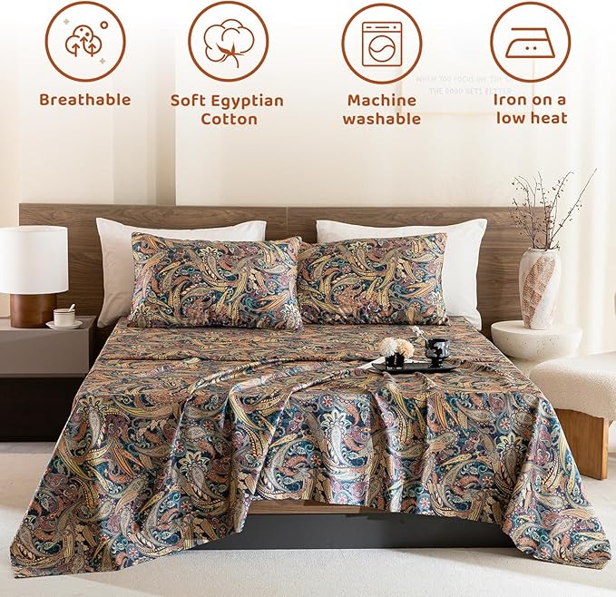 QSH Boho Sheets King Size - Bohemian Bedding Paisley Pattern Printed Bedsheets Sets King Size Bed Sheets 100% Egyptian Cotton 17.5" Extra Deep Pocket 4pcs - LeafyLoom