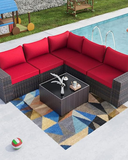 Kullavik 6PCS Outdoor Patio Furniture Set PE Wicker Rattan Sectional Sofa Patio Conversation Sets,Red - LeafyLoom
