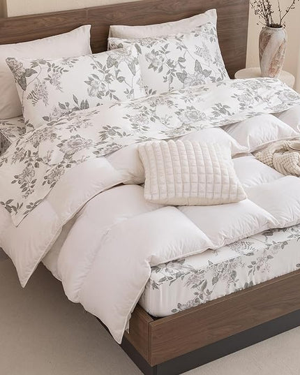 QSH Floral Egyptian Cotton Sheets Queen Size - Green Botanical Elegant Flower Pattern Printed Bedding Sheets Queen Size Bed Extra Soft and Breathable 4pcs Deep Pockets Bed Sheets - LeafyLoom