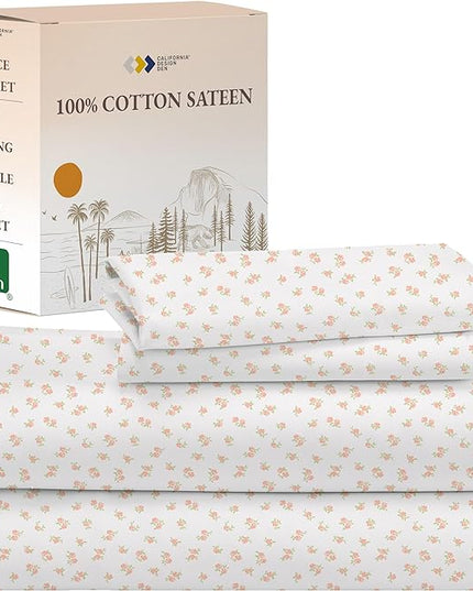 California Design Den King Floral Sheet Set, 4 Pc 100% Cotton Sateen Sheets King Size Sheets Set Deep Pockets & Pillowcase Set - Chic Floral - LeafyLoom
