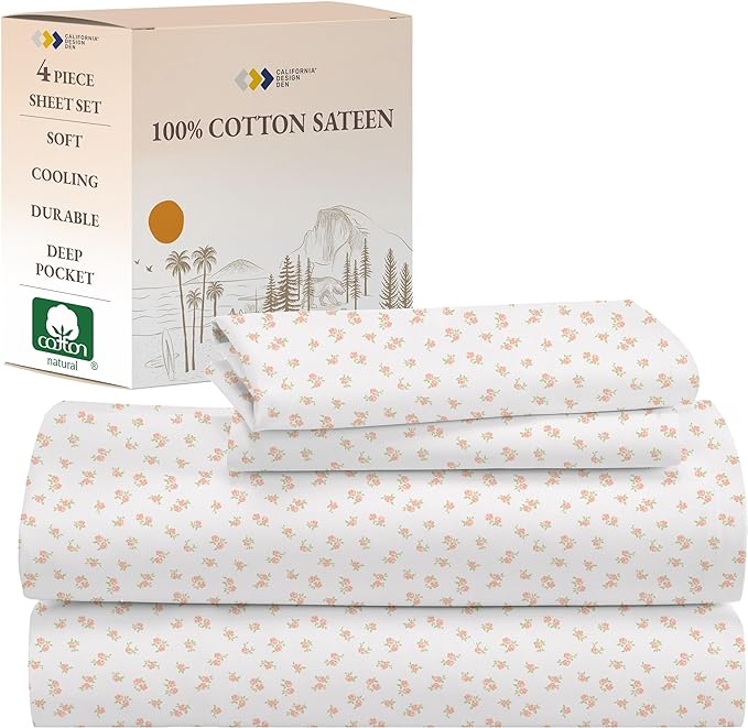 California Design Den King Floral Sheet Set, 4 Pc 100% Cotton Sateen Sheets King Size Sheets Set Deep Pockets & Pillowcase Set - Chic Floral - LeafyLoom