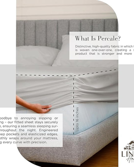100% Cotton Percale Sheets Twin XL Size, Silver, Deep Pocket, 4 Pieces Sheet Set - 1 Flat, 1 Deep Pocket Fitted Sheet and 2 Pillowcases, Crisp Cool and Strong Bed Linen - LeafyLoom