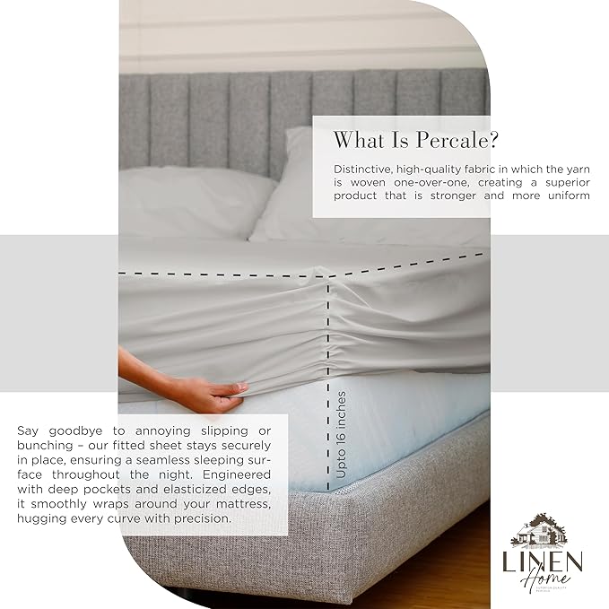100% Cotton Percale Sheets Twin XL Size, Silver, Deep Pocket, 4 Pieces Sheet Set - 1 Flat, 1 Deep Pocket Fitted Sheet and 2 Pillowcases, Crisp Cool and Strong Bed Linen - LeafyLoom