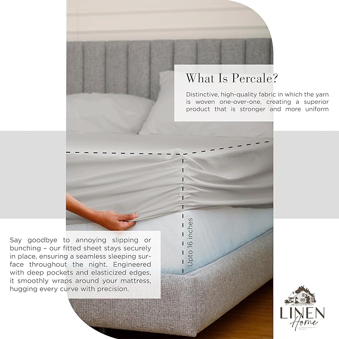 100% Cotton Percale Sheets Twin Size, Silver, Deep Pocket, 3 Pieces Sheet Set - 1 Flat, 1 Deep Pocket Fitted Sheet and 1 Pillowcase, Crisp Cool and Strong Bed Linen - LeafyLoom