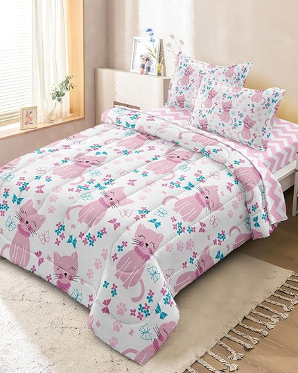 Kids Cat Bedding Twin Size Bed in a Bag, Cute Pink Animal Comforter Set for Teen Girls Bedroom Decor, Kawaii Floral Butterfly Bedding Sets & Collections - LeafyLoom