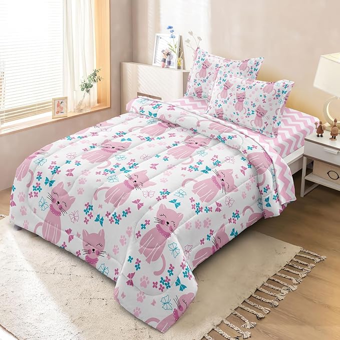 Kids Cat Bedding Twin Size Bed in a Bag, Cute Pink Animal Comforter Set for Teen Girls Bedroom Decor, Kawaii Floral Butterfly Bedding Sets & Collections - LeafyLoom