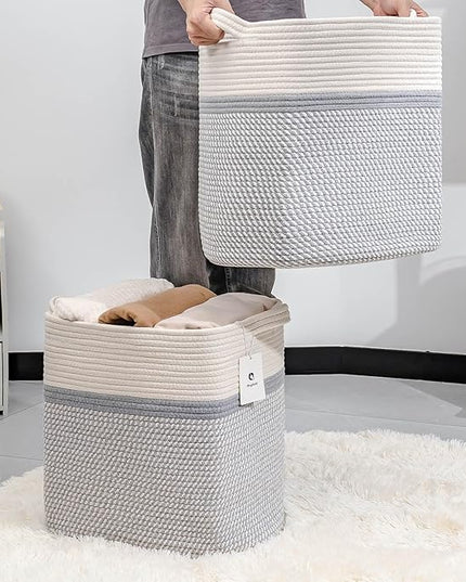 Medium and Large Woven Basket/With Handle, Baskets Laundry Hamper Wicker Tall Cotton Toy Storage Basket,Decorative Basket for Living room,Basket for Toys, 2bag - LeafyLoom