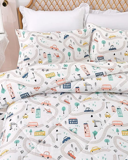 JSD Car Kids Printed Comforter Set for Boys Girls, 2 Pieces Twin Microfiber Comforter with Pillow Sham, Soft Comfortable Machine Washable - LeafyLoom
