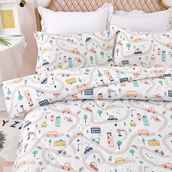 JSD Car Kids Printed Comforter Set for Boys Girls, 2 Pieces Twin Microfiber Comforter with Pillow Sham, Soft Comfortable Machine Washable - LeafyLoom