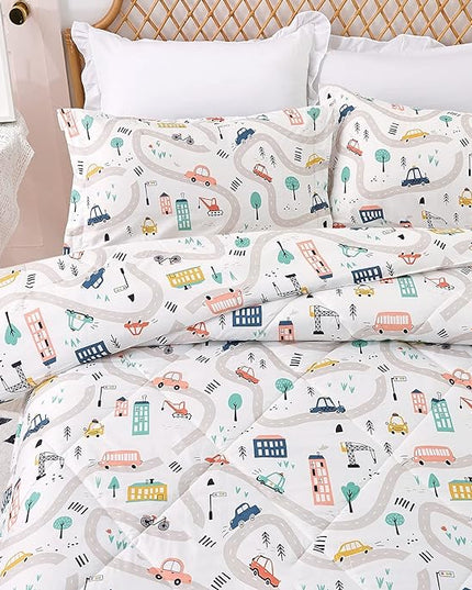 JSD Car Kids Printed Comforter Set for Boys Girls, 3 Pieces Full Microfiber Comforter with Pillow Sham, Soft Comfortable Machine Washable - LeafyLoom
