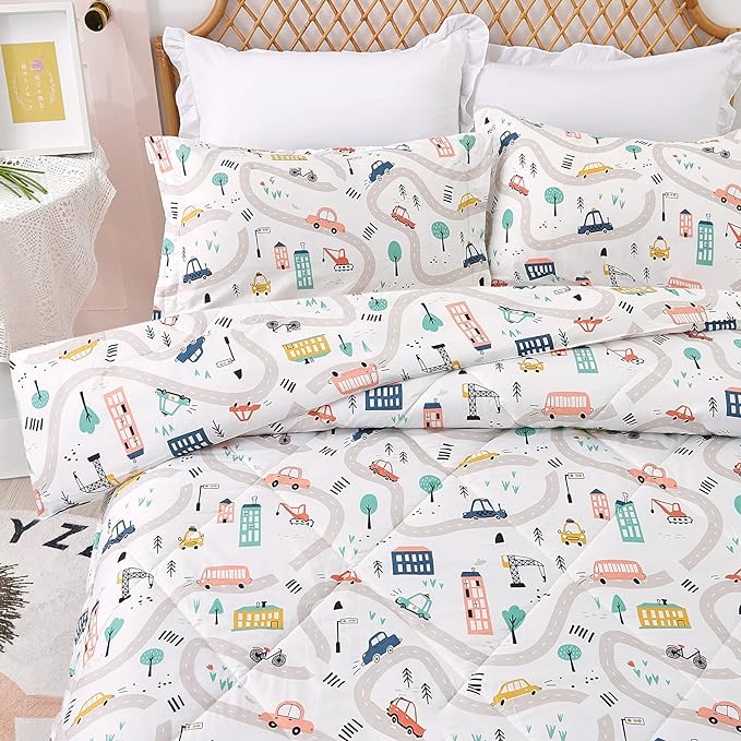 JSD Car Kids Printed Comforter Set for Boys Girls, 3 Pieces Full Microfiber Comforter with Pillow Sham, Soft Comfortable Machine Washable - LeafyLoom
