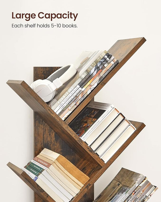 VASAGLE Tree Bookshelf, 9-Tier Bookcase, Large Bookshelf, Space-Saving Corner Shelf, Book Tree, Holds Books, CDs, Games, for Bedroom, Living Room, Home Office, Rustic Brown ULBC11BX - LeafyLoom