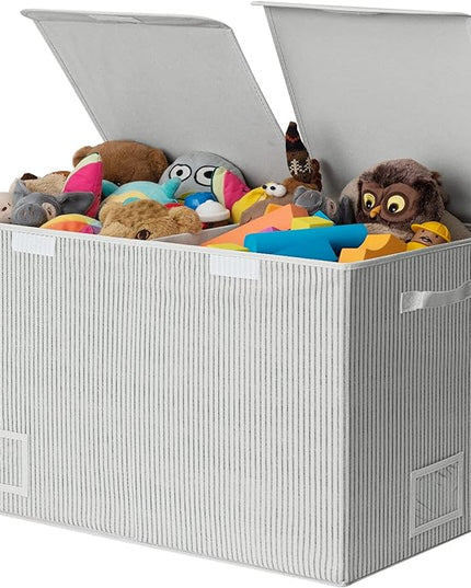 GRANNY SAYS Toy Chest with Lids, Foldable Toy Storage Organizer with Handles, Stuffed Animal Storage for Nursery Room Playroom, Living Room, Large Toy Box for Girls and Boys, White/Black - LeafyLoom