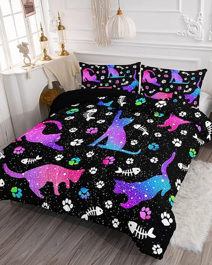 Cute Cat Comforter Kids Bedding Set Queen,3Pcs Soft Paw Fish Bone Print Quilt Set Bed in A Bag with 1 Comforter 2 Pillowcases for Kids Boy Girls Teens Adults Room Decor All Season Gradient Purple Blue - LeafyLoom