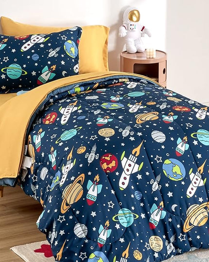 SLEEP ZONE Kids Bedding Comforter Set Full/Queen Size - Super Cute & Soft Kids Bedding 7 Pieces Set with Comforter, Sheet, Pillowcase & Sham (Rocket Galaxy) - LeafyLoom