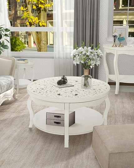 FINECASA Round White Coffee Table, 33.7x19 inches, Glass Top, Vintage Boho Design, Wood, White Patterned - LeafyLoom