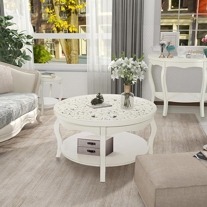 FINECASA Round White Coffee Table, 33.7x19 inches, Glass Top, Vintage Boho Design, Wood, White Patterned - LeafyLoom