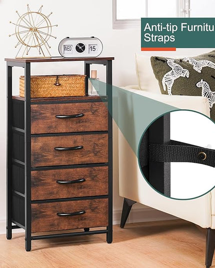 Yoobure Night Stand - LED Nightstand with Charging Station, Bedside Table with 4 Fabric Storage Drawers and Storage Shelf, End Table with USB Ports and Outlets, Tall Dresser for Bedroom - LeafyLoom