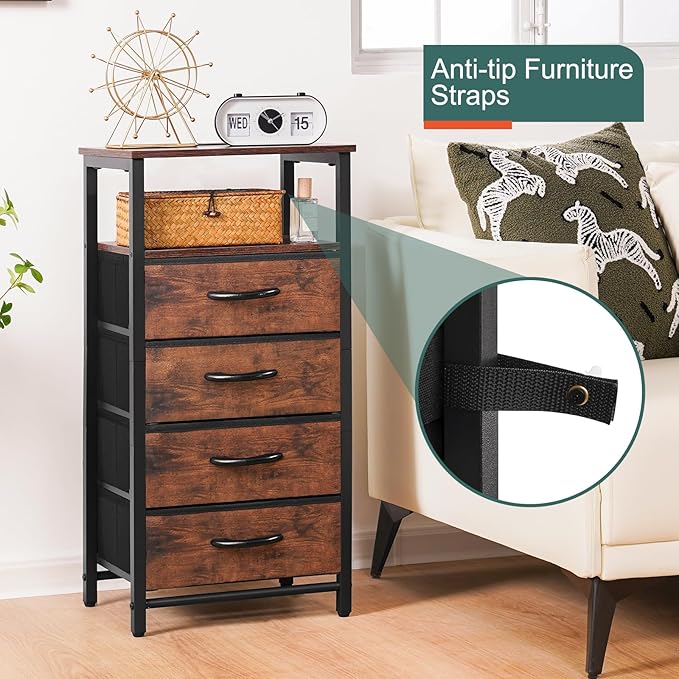 Yoobure Night Stand - LED Nightstand with Charging Station, Bedside Table with 4 Fabric Storage Drawers and Storage Shelf, End Table with USB Ports and Outlets, Tall Dresser for Bedroom - LeafyLoom